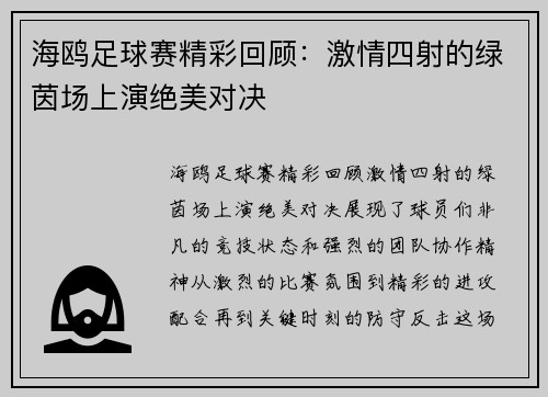 海鸥足球赛精彩回顾：激情四射的绿茵场上演绝美对决