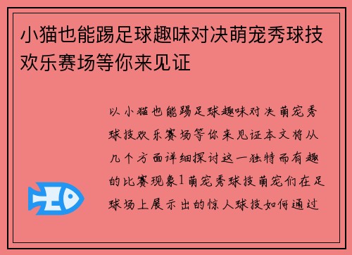 小猫也能踢足球趣味对决萌宠秀球技欢乐赛场等你来见证