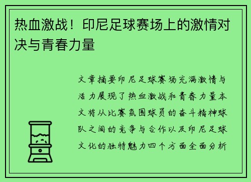 热血激战！印尼足球赛场上的激情对决与青春力量