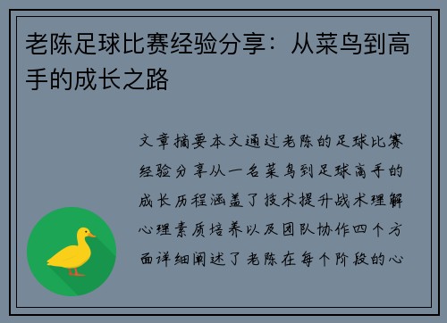 老陈足球比赛经验分享：从菜鸟到高手的成长之路