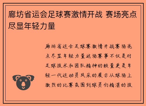 廊坊省运会足球赛激情开战 赛场亮点尽显年轻力量