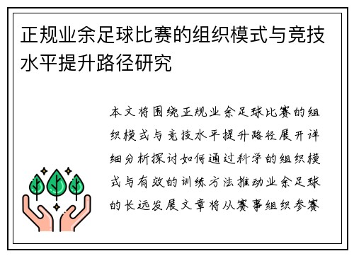 正规业余足球比赛的组织模式与竞技水平提升路径研究