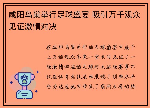 咸阳鸟巢举行足球盛宴 吸引万千观众见证激情对决