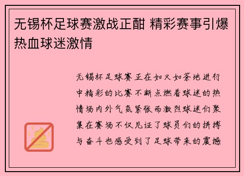 无锡杯足球赛激战正酣 精彩赛事引爆热血球迷激情