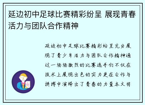 延边初中足球比赛精彩纷呈 展现青春活力与团队合作精神