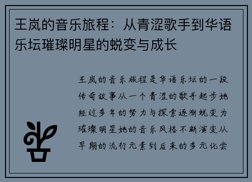 王岚的音乐旅程：从青涩歌手到华语乐坛璀璨明星的蜕变与成长