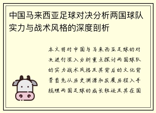 中国马来西亚足球对决分析两国球队实力与战术风格的深度剖析