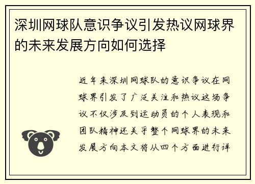 深圳网球队意识争议引发热议网球界的未来发展方向如何选择