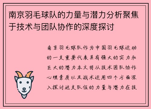 南京羽毛球队的力量与潜力分析聚焦于技术与团队协作的深度探讨
