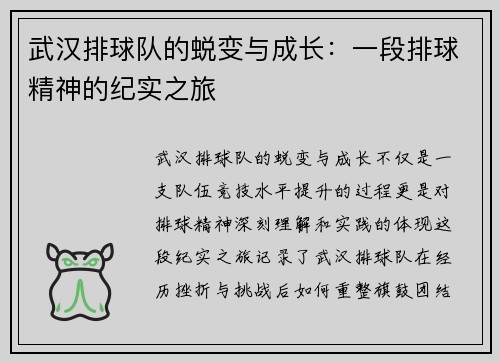 武汉排球队的蜕变与成长：一段排球精神的纪实之旅