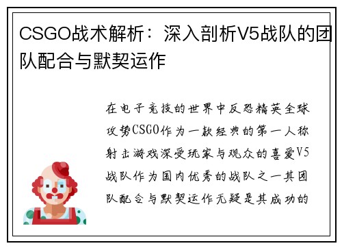 CSGO战术解析：深入剖析V5战队的团队配合与默契运作